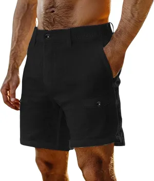 Mens Summer Shorts 2025 Front Button Texture Relaxed Fit Lightweight Cool Lounge Cargo Pants Beach Shorts with Pocket