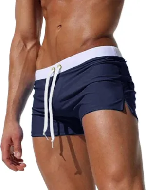 Men's Swim Trunks Color Block Drawstring Shorts Quick Dry Breathable Shorts Summer Beach Trunks with Zipper Pockets