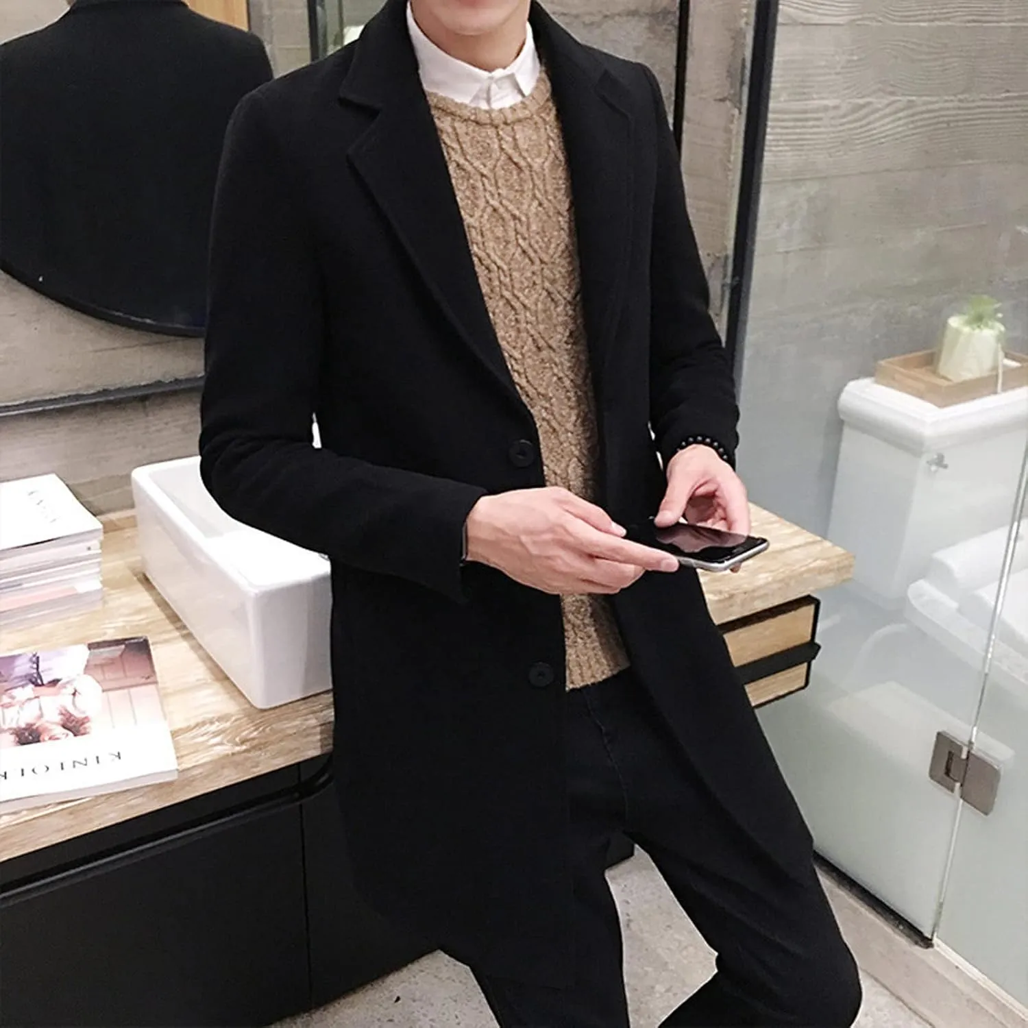 Mens Trench Coat Slim Fit Notch Lapel Single Breasted Business Casual Long Peacoat Fall Winter Windproof Overcoat