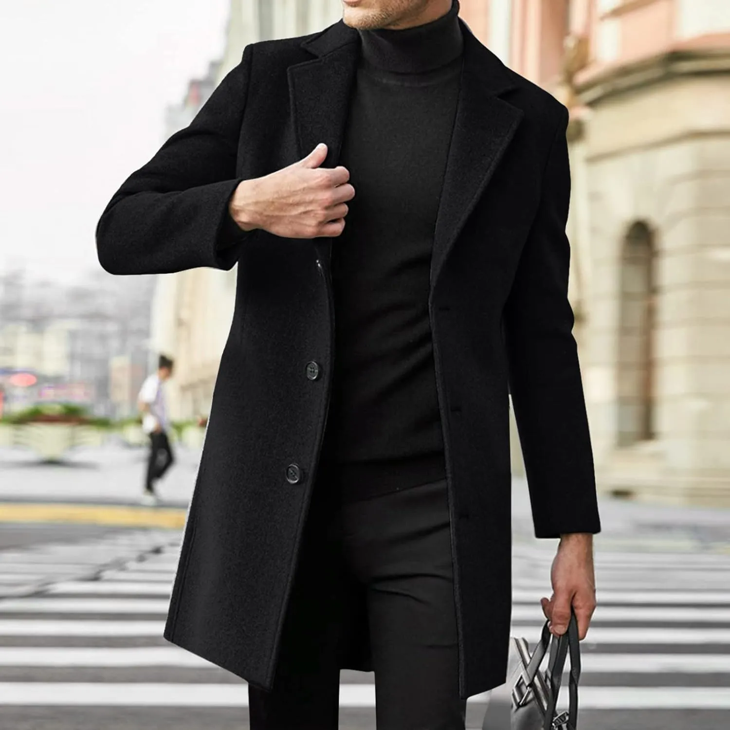 Mens Trench Coat Slim Fit Notch Lapel Single Breasted Business Casual Long Peacoat Fall Winter Windproof Overcoat