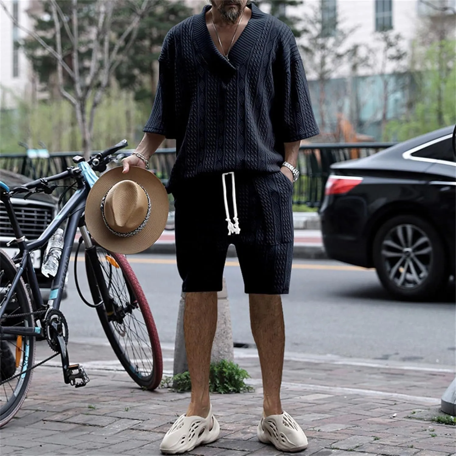 Men's V-Neck 3/4 Sleeve top and Shorts Set Solid Color T-Shirt Knitted Loose Sweatshirt Jacquard Knitted Sweater