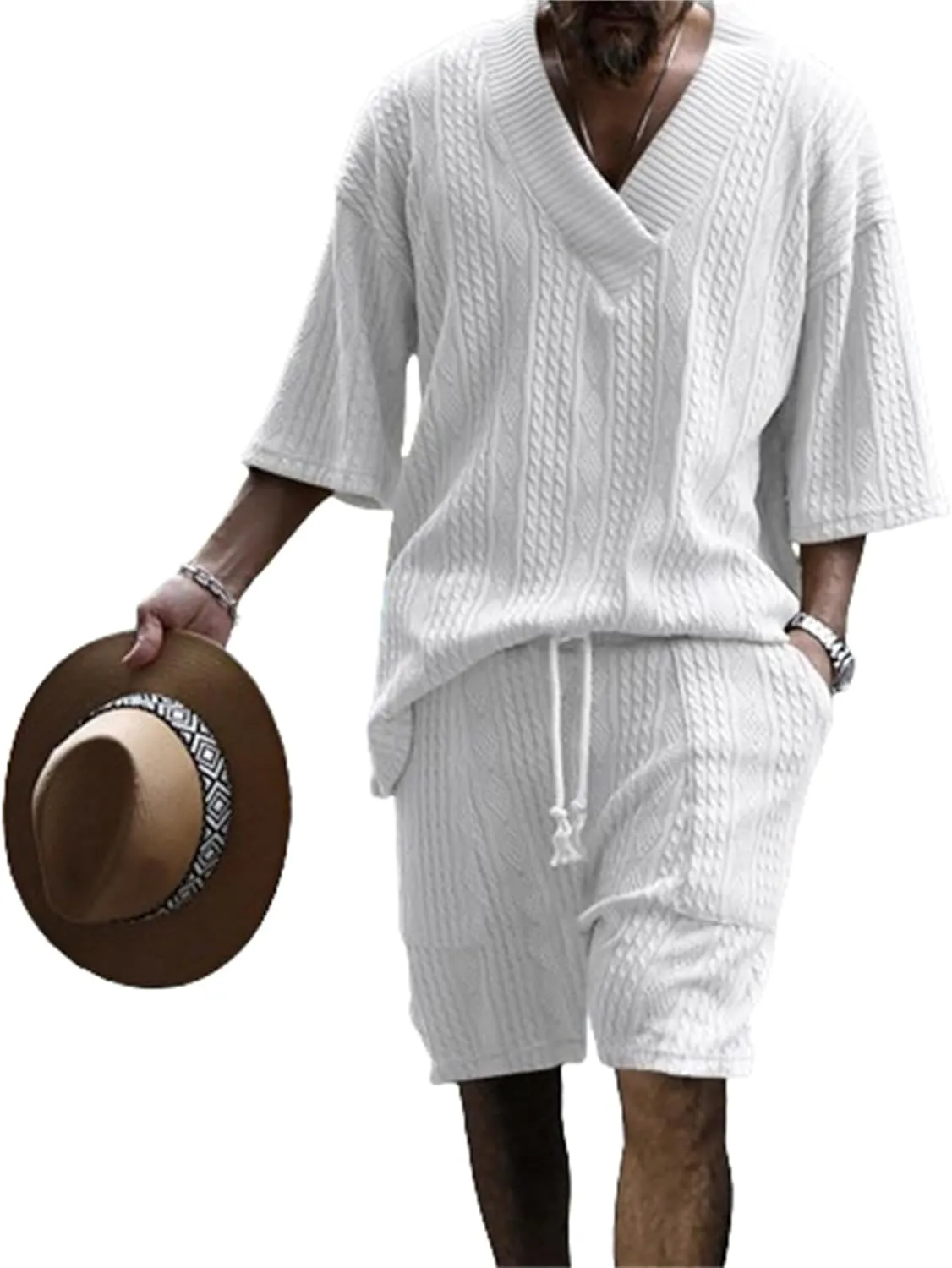 Men's V-Neck 3/4 Sleeve top and Shorts Set Solid Color T-Shirt Knitted Loose Sweatshirt Jacquard Knitted Sweater