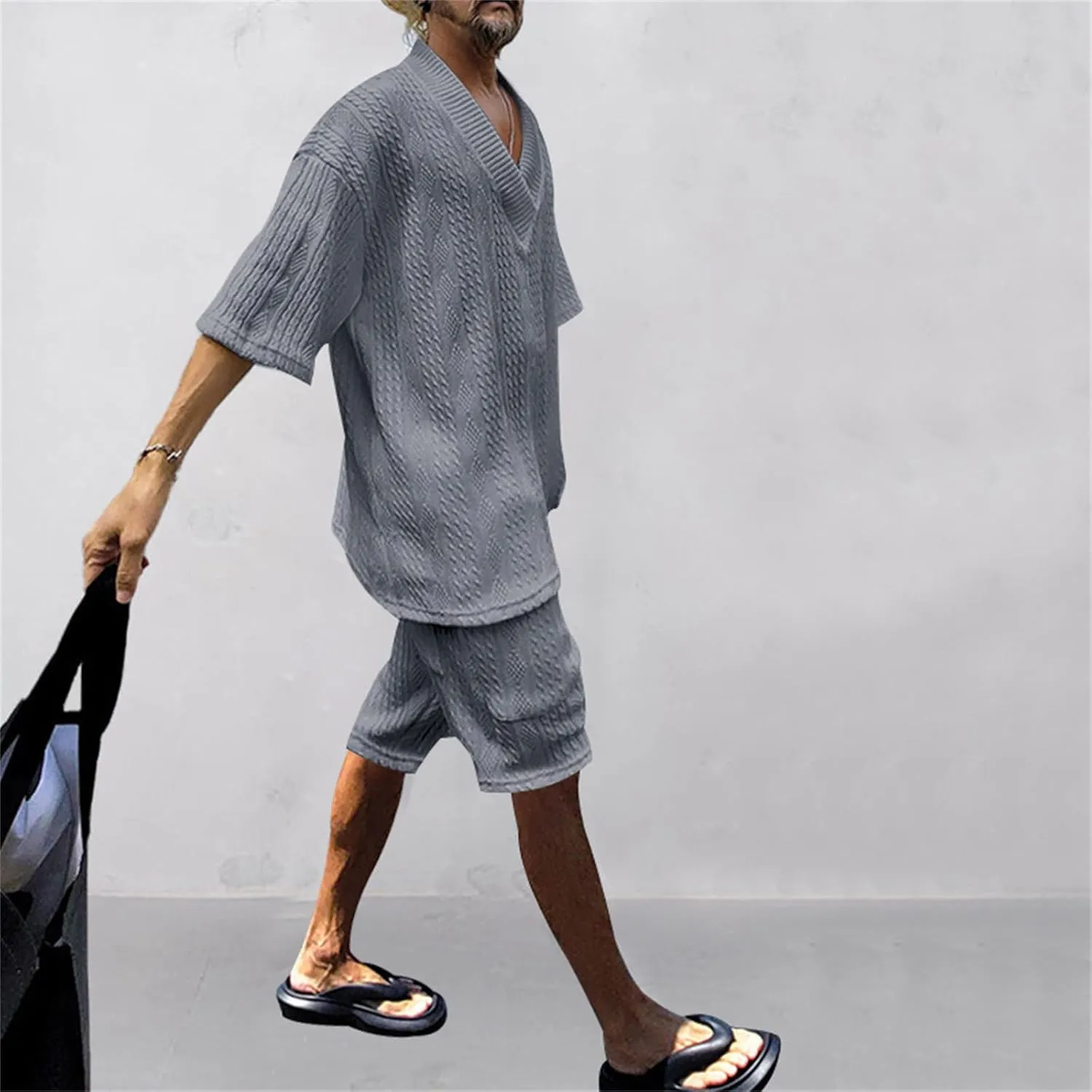 Men's V-Neck 3/4 Sleeve top and Shorts Set Solid Color T-Shirt Knitted Loose Sweatshirt Jacquard Knitted Sweater