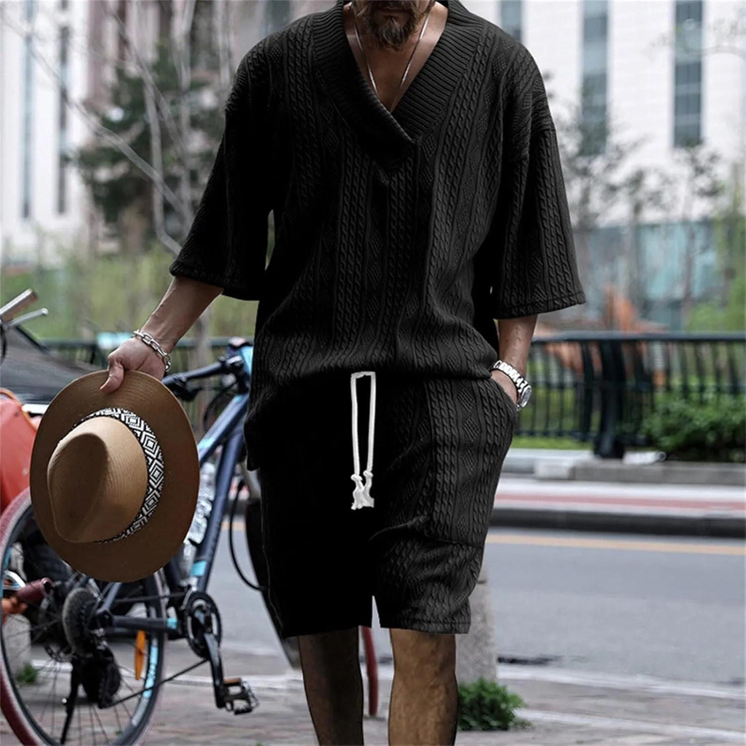 Men's V-Neck 3/4 Sleeve top and Shorts Set Solid Color T-Shirt Knitted Loose Sweatshirt Jacquard Knitted Sweater