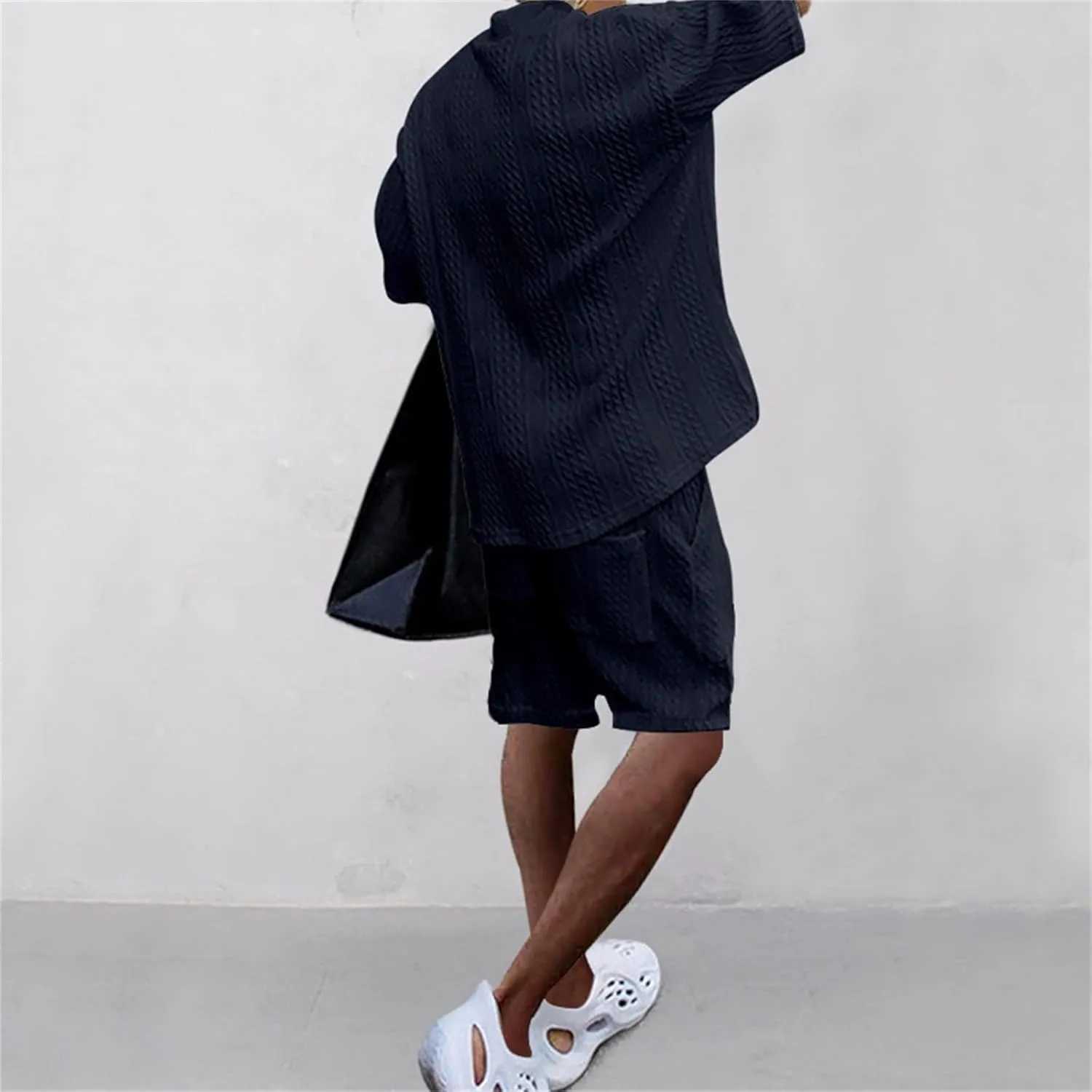 Men's V-Neck 3/4 Sleeve top and Shorts Set Solid Color T-Shirt Knitted Loose Sweatshirt Jacquard Knitted Sweater