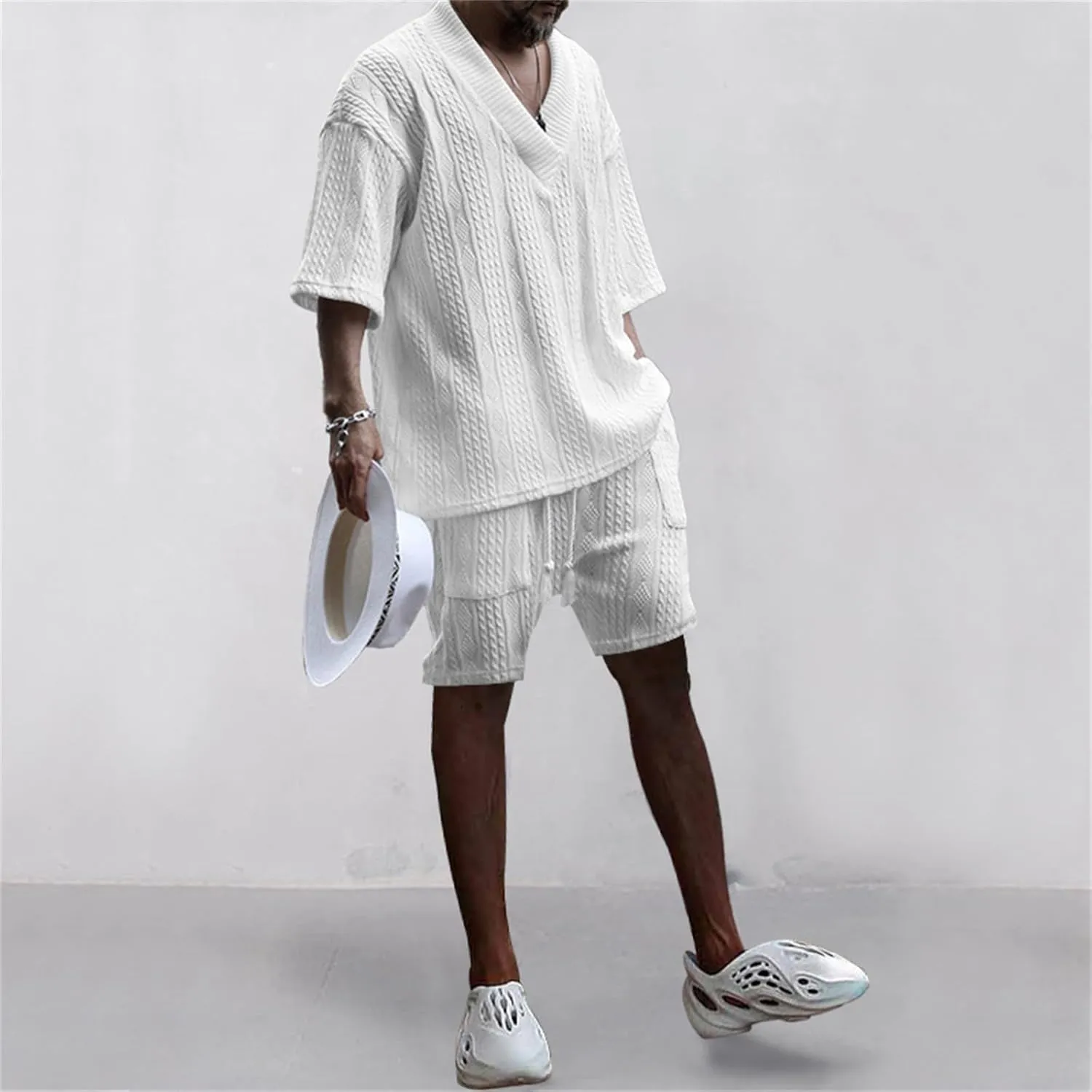 Men's V-Neck 3/4 Sleeve top and Shorts Set Solid Color T-Shirt Knitted Loose Sweatshirt Jacquard Knitted Sweater