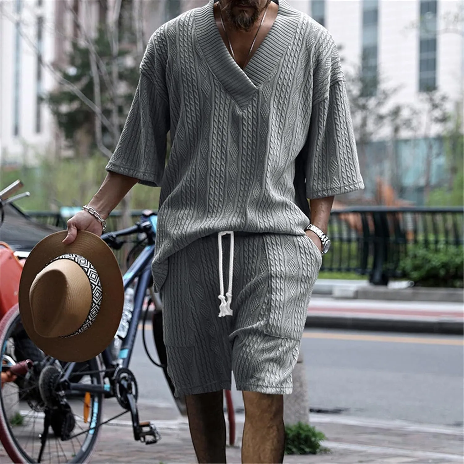 Men's V-Neck 3/4 Sleeve top and Shorts Set Solid Color T-Shirt Knitted Loose Sweatshirt Jacquard Knitted Sweater