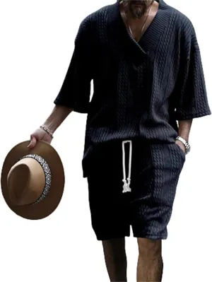 Men's V-Neck 3/4 Sleeve top and Shorts Set Solid Color T-Shirt Knitted Loose Sweatshirt Jacquard Knitted Sweater