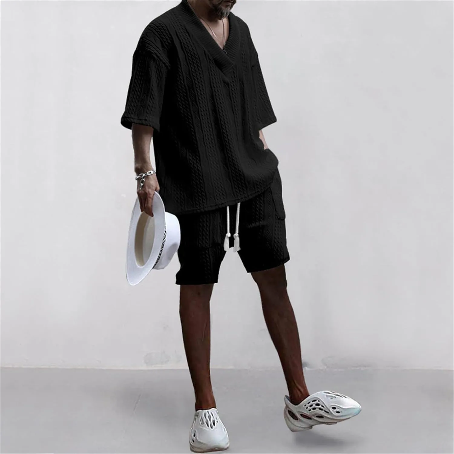 Men's V-Neck 3/4 Sleeve top and Shorts Set Solid Color T-Shirt Knitted Loose Sweatshirt Jacquard Knitted Sweater