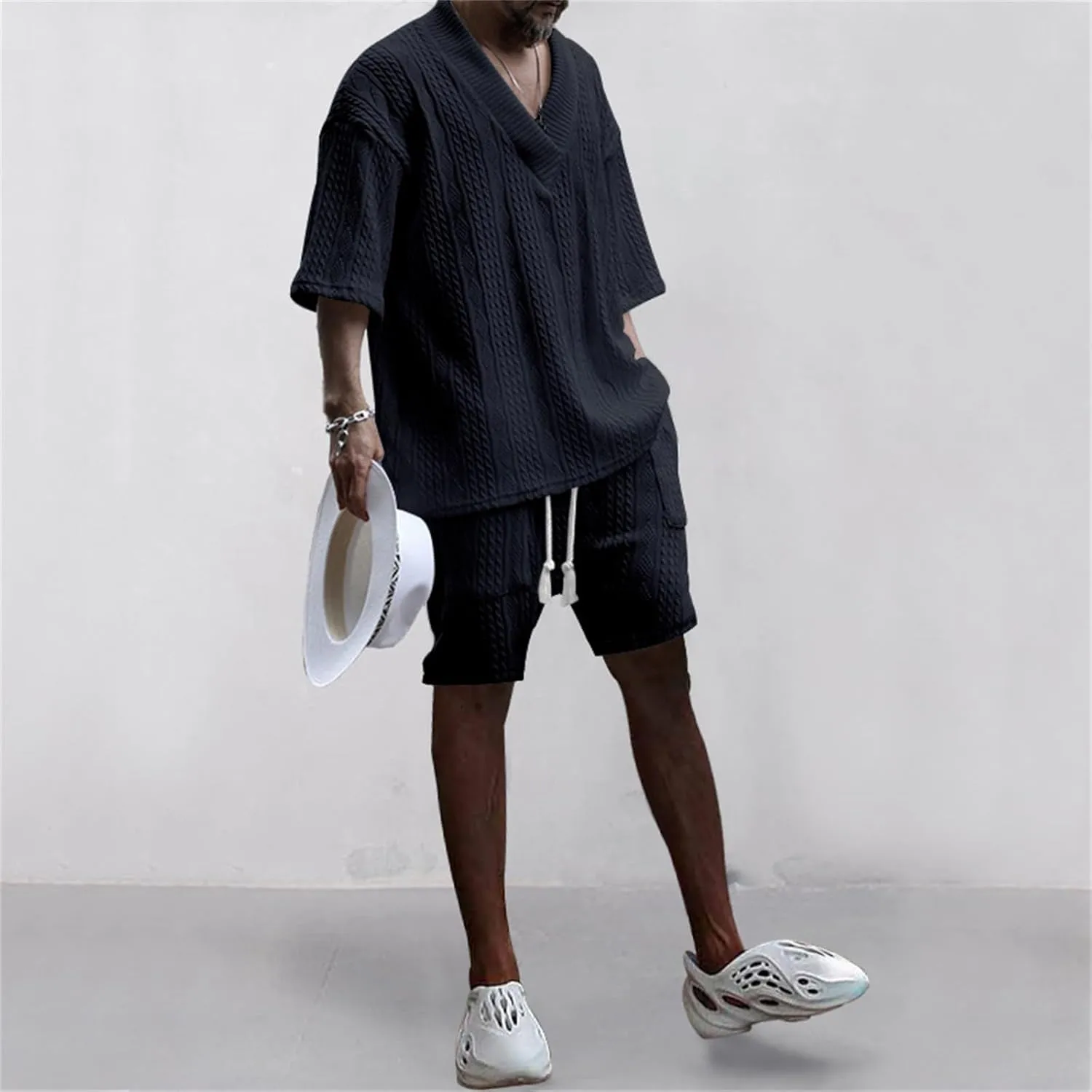 Men's V-Neck 3/4 Sleeve top and Shorts Set Solid Color T-Shirt Knitted Loose Sweatshirt Jacquard Knitted Sweater