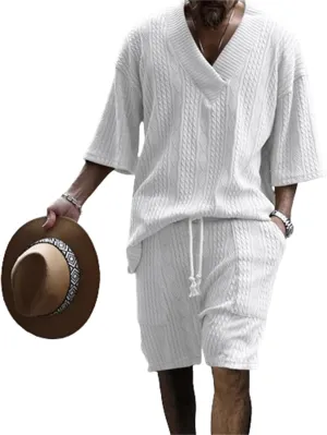 Men's V-Neck 3/4 Sleeve top and Shorts Set Solid Color T-Shirt Knitted Loose Sweatshirt Jacquard Knitted Sweater