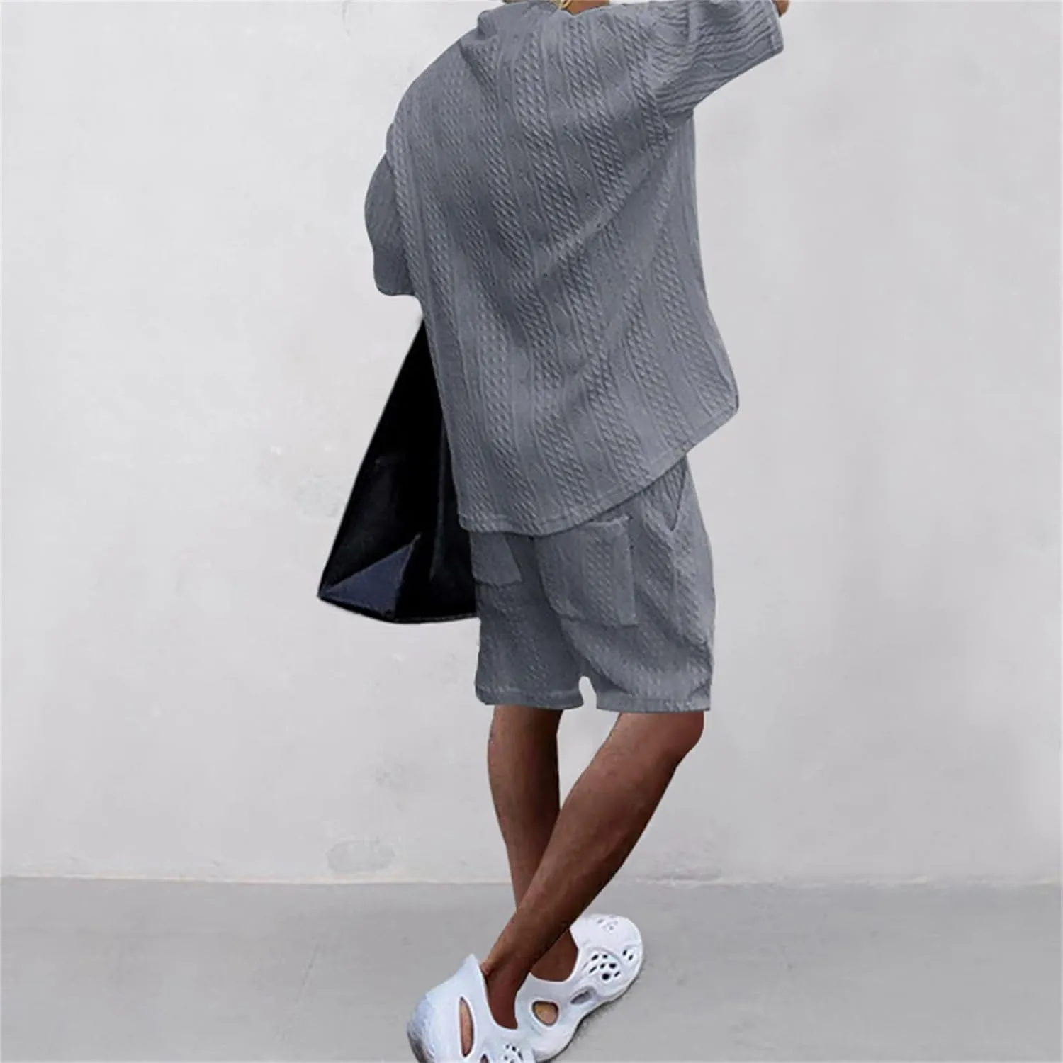 Men's V-Neck 3/4 Sleeve top and Shorts Set Solid Color T-Shirt Knitted Loose Sweatshirt Jacquard Knitted Sweater