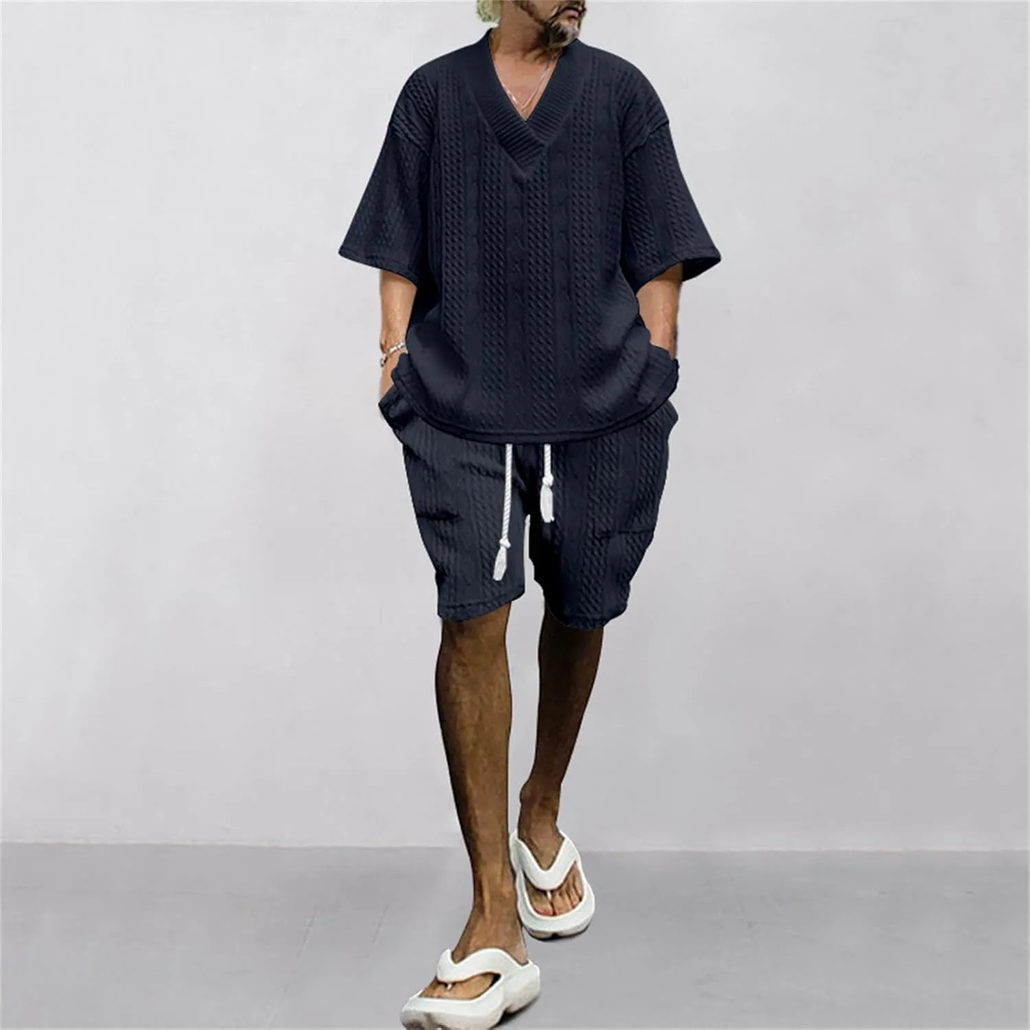 Men's V-Neck 3/4 Sleeve top and Shorts Set Solid Color T-Shirt Knitted Loose Sweatshirt Jacquard Knitted Sweater