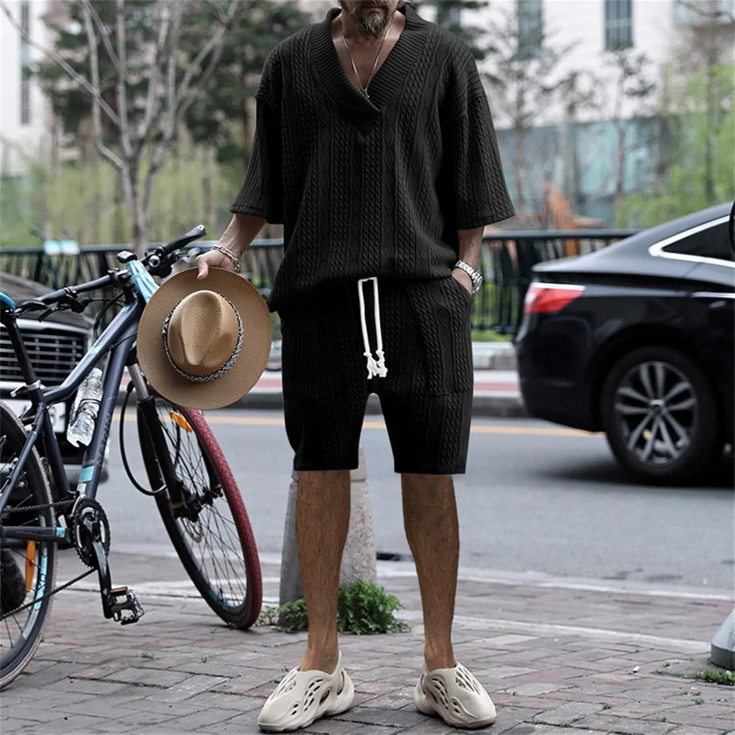 Men's V-Neck 3/4 Sleeve top and Shorts Set Solid Color T-Shirt Knitted Loose Sweatshirt Jacquard Knitted Sweater