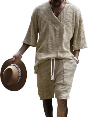 Men's V-Neck 3/4 Sleeve top and Shorts Set Solid Color T-Shirt Knitted Loose Sweatshirt Jacquard Knitted Sweater