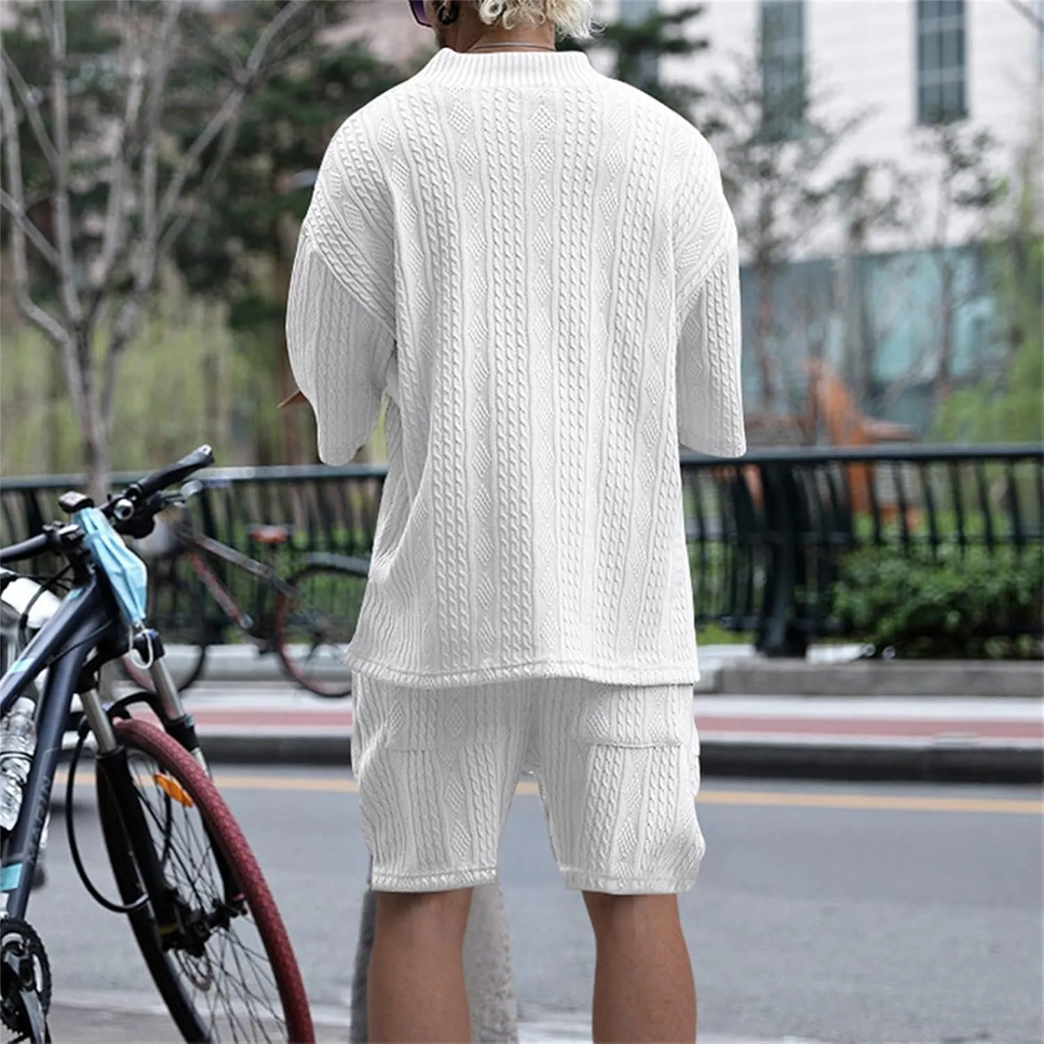 Men's V-Neck 3/4 Sleeve top and Shorts Set Solid Color T-Shirt Knitted Loose Sweatshirt Jacquard Knitted Sweater