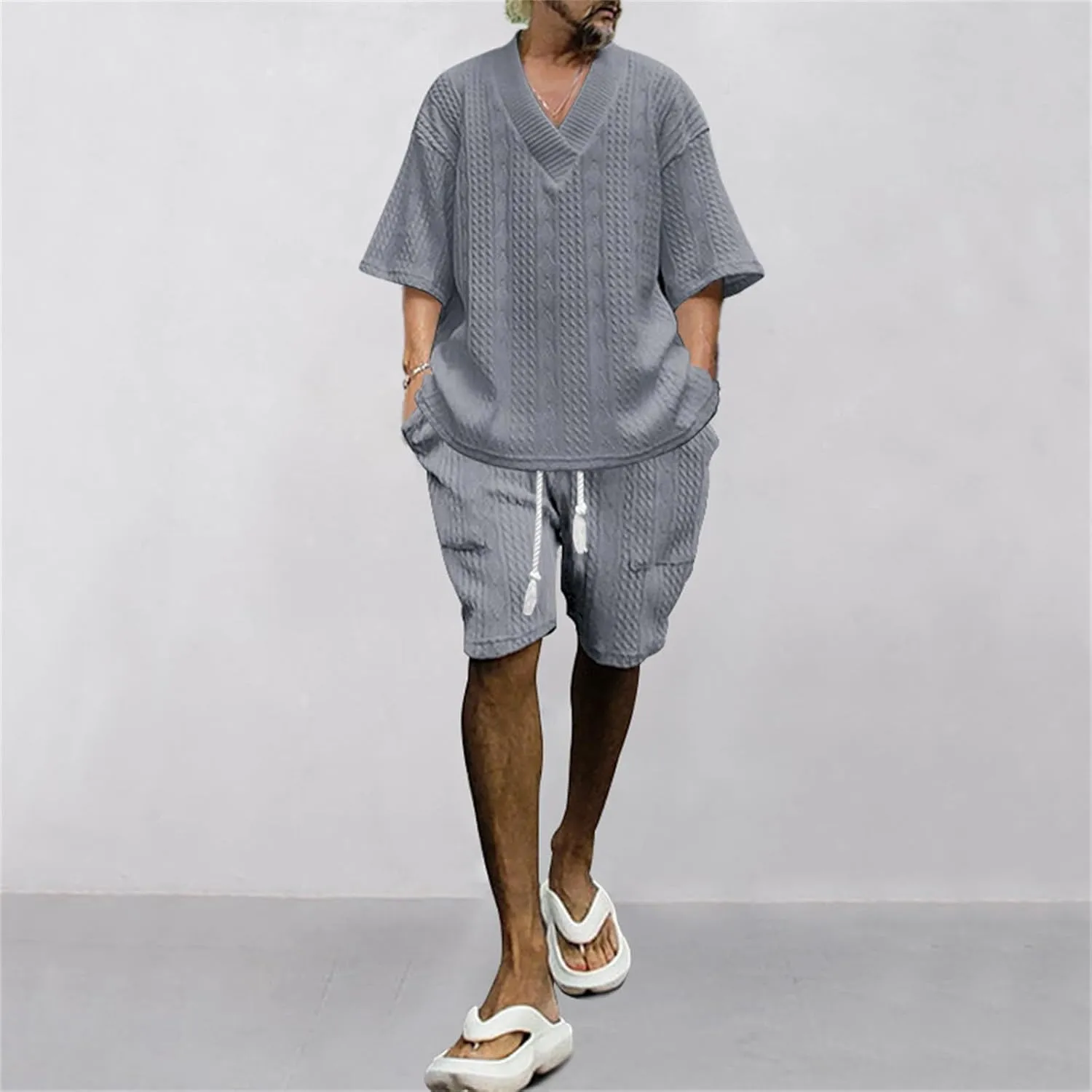 Men's V-Neck 3/4 Sleeve top and Shorts Set Solid Color T-Shirt Knitted Loose Sweatshirt Jacquard Knitted Sweater