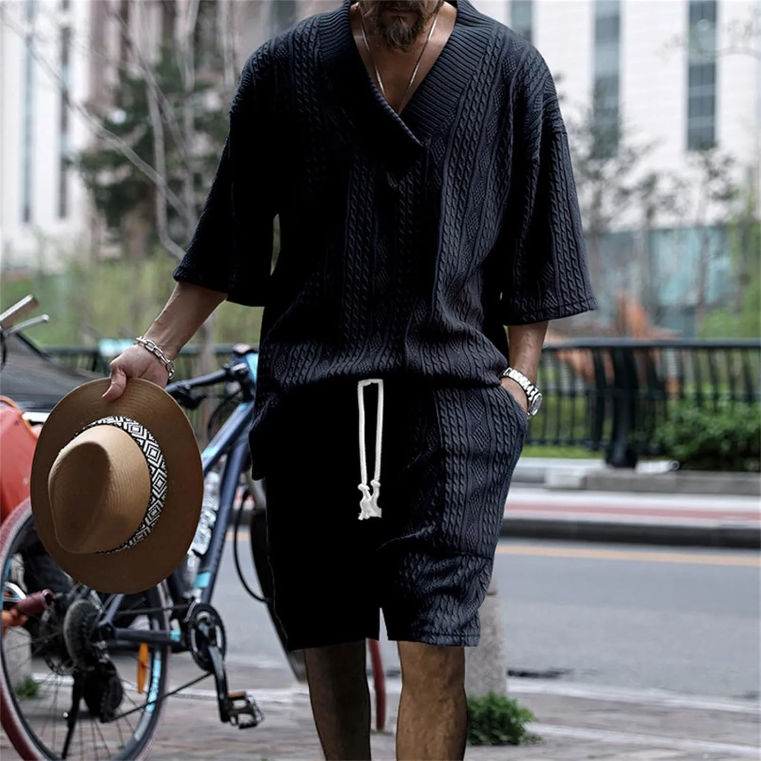 Men's V-Neck 3/4 Sleeve top and Shorts Set Solid Color T-Shirt Knitted Loose Sweatshirt Jacquard Knitted Sweater