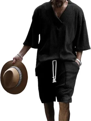 Men's V-Neck 3/4 Sleeve top and Shorts Set Solid Color T-Shirt Knitted Loose Sweatshirt Jacquard Knitted Sweater