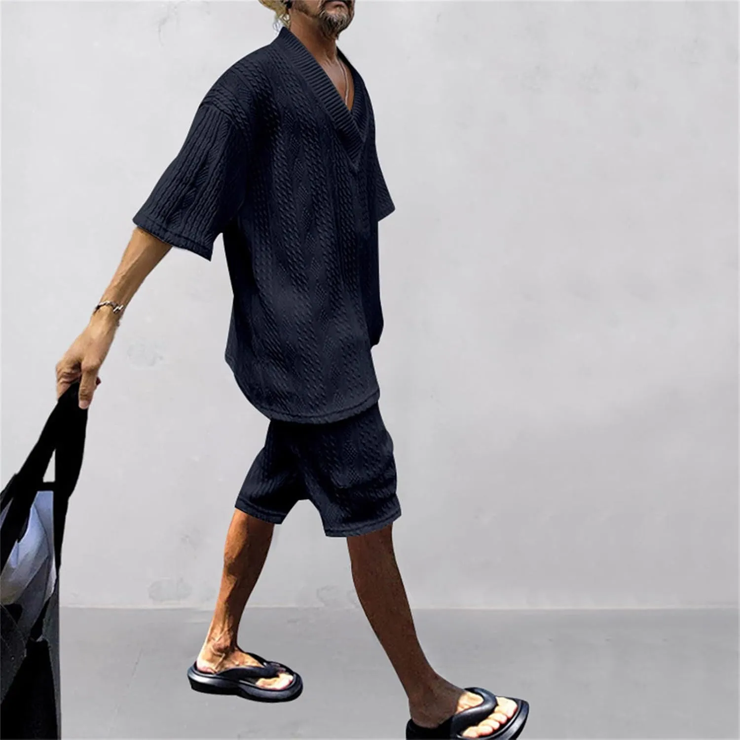 Men's V-Neck 3/4 Sleeve top and Shorts Set Solid Color T-Shirt Knitted Loose Sweatshirt Jacquard Knitted Sweater