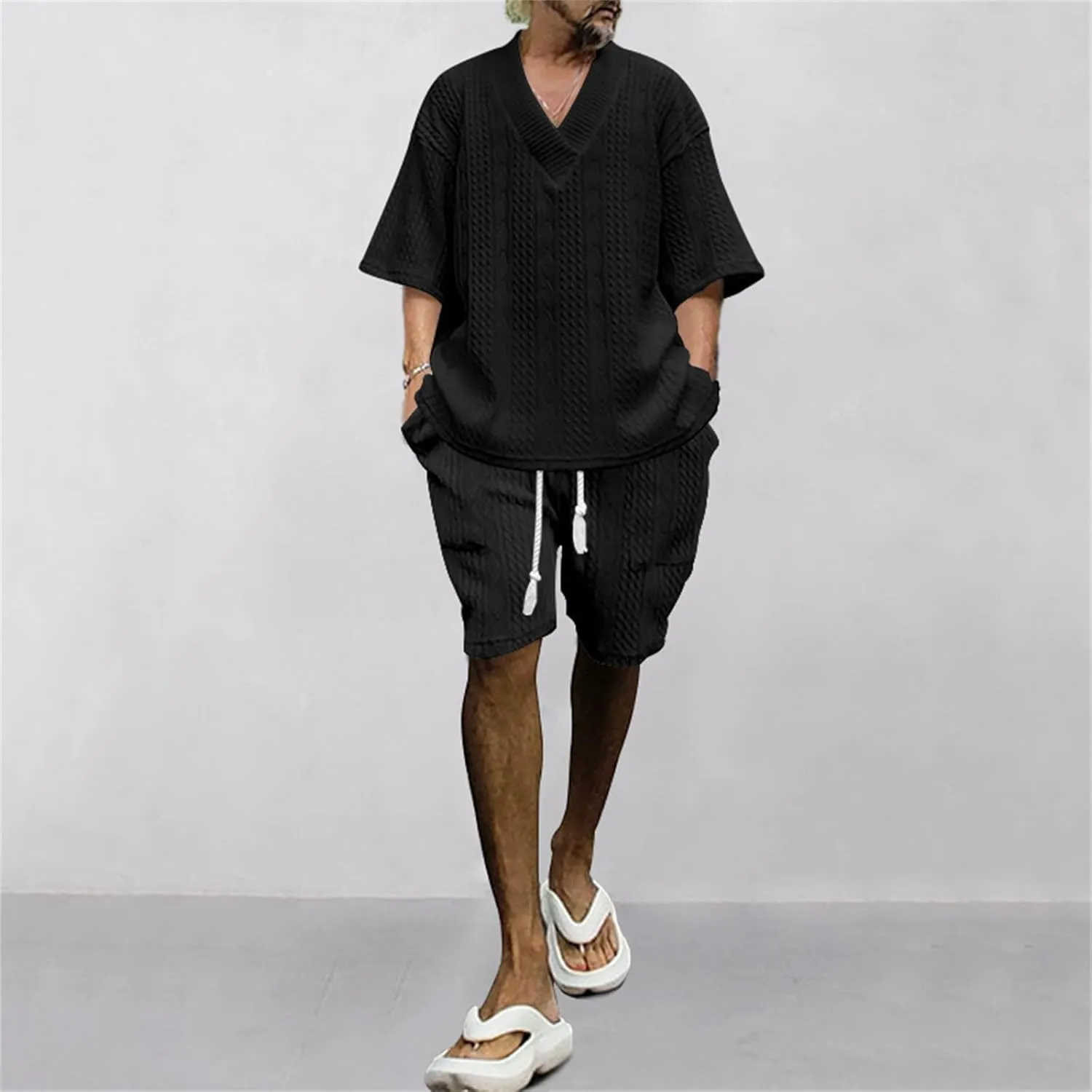 Men's V-Neck 3/4 Sleeve top and Shorts Set Solid Color T-Shirt Knitted Loose Sweatshirt Jacquard Knitted Sweater