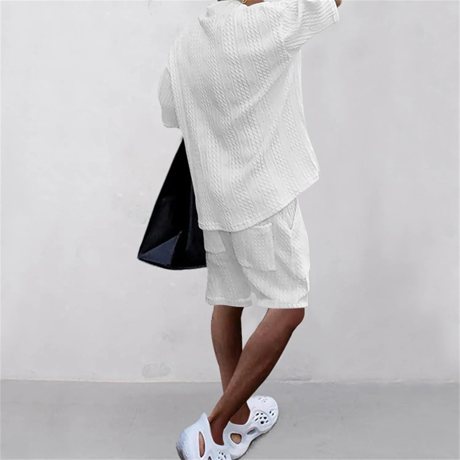 Men's V-Neck 3/4 Sleeve top and Shorts Set Solid Color T-Shirt Knitted Loose Sweatshirt Jacquard Knitted Sweater