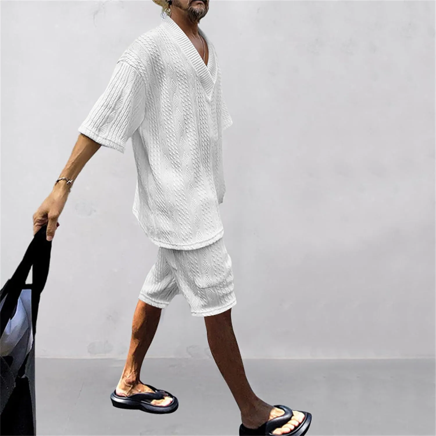 Men's V-Neck 3/4 Sleeve top and Shorts Set Solid Color T-Shirt Knitted Loose Sweatshirt Jacquard Knitted Sweater