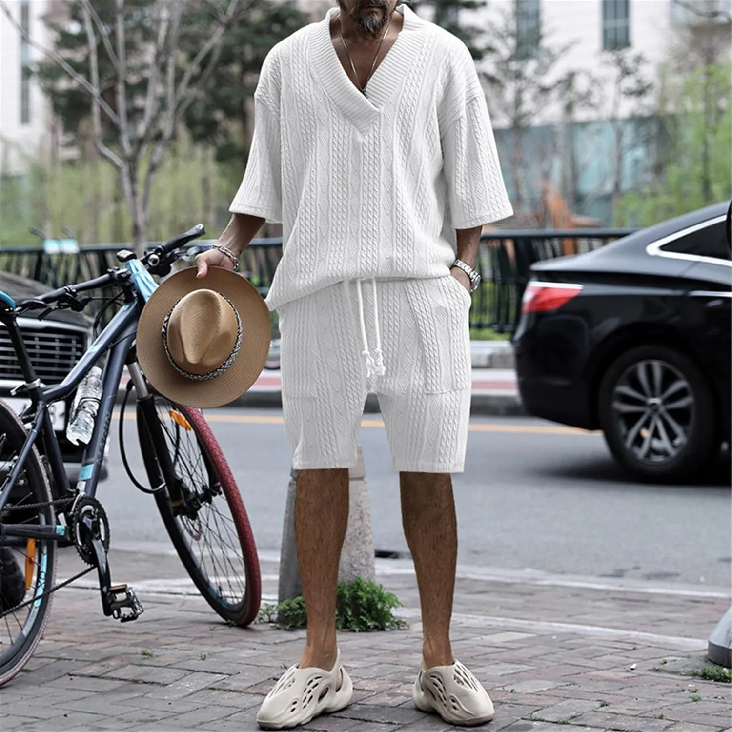 Men's V-Neck 3/4 Sleeve top and Shorts Set Solid Color T-Shirt Knitted Loose Sweatshirt Jacquard Knitted Sweater