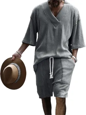 Men's V-Neck 3/4 Sleeve top and Shorts Set Solid Color T-Shirt Knitted Loose Sweatshirt Jacquard Knitted Sweater