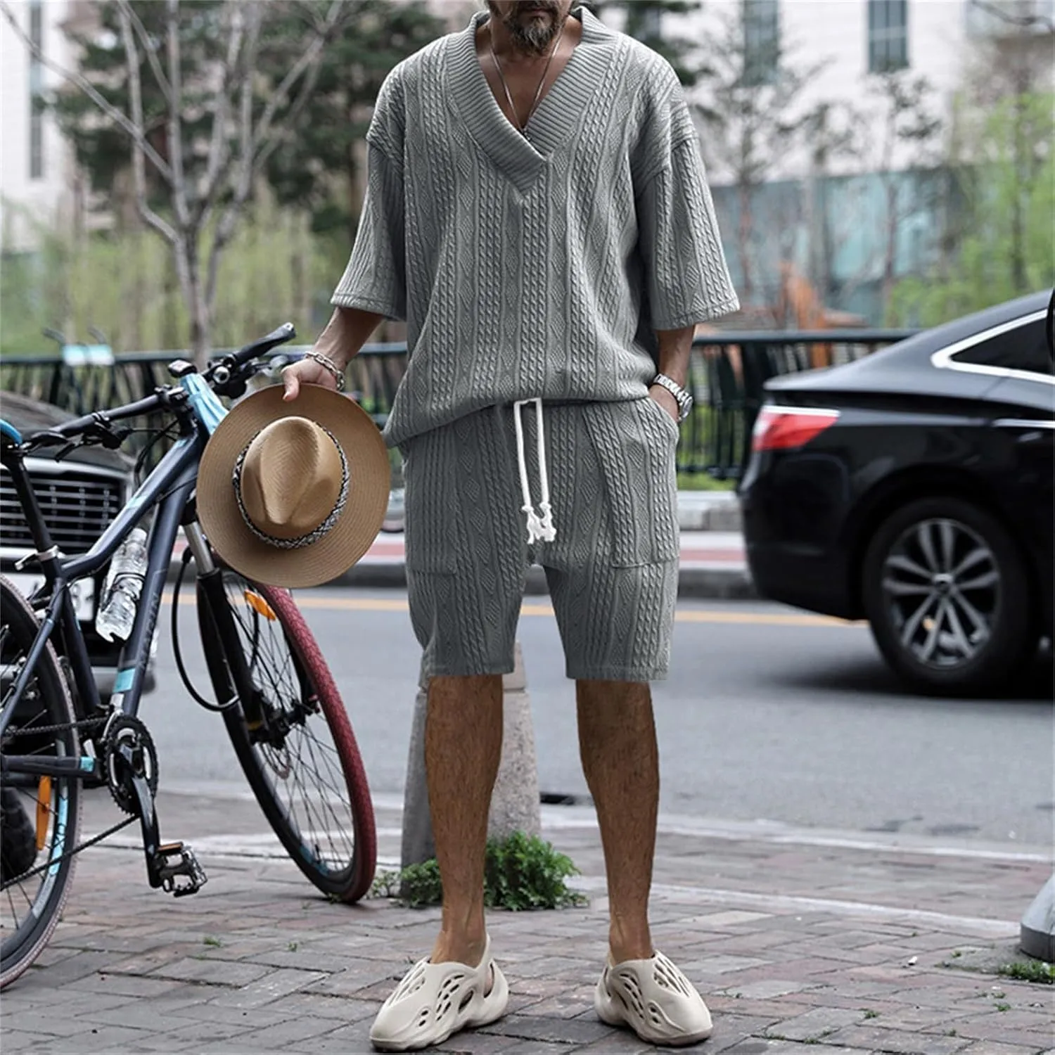 Men's V-Neck 3/4 Sleeve top and Shorts Set Solid Color T-Shirt Knitted Loose Sweatshirt Jacquard Knitted Sweater