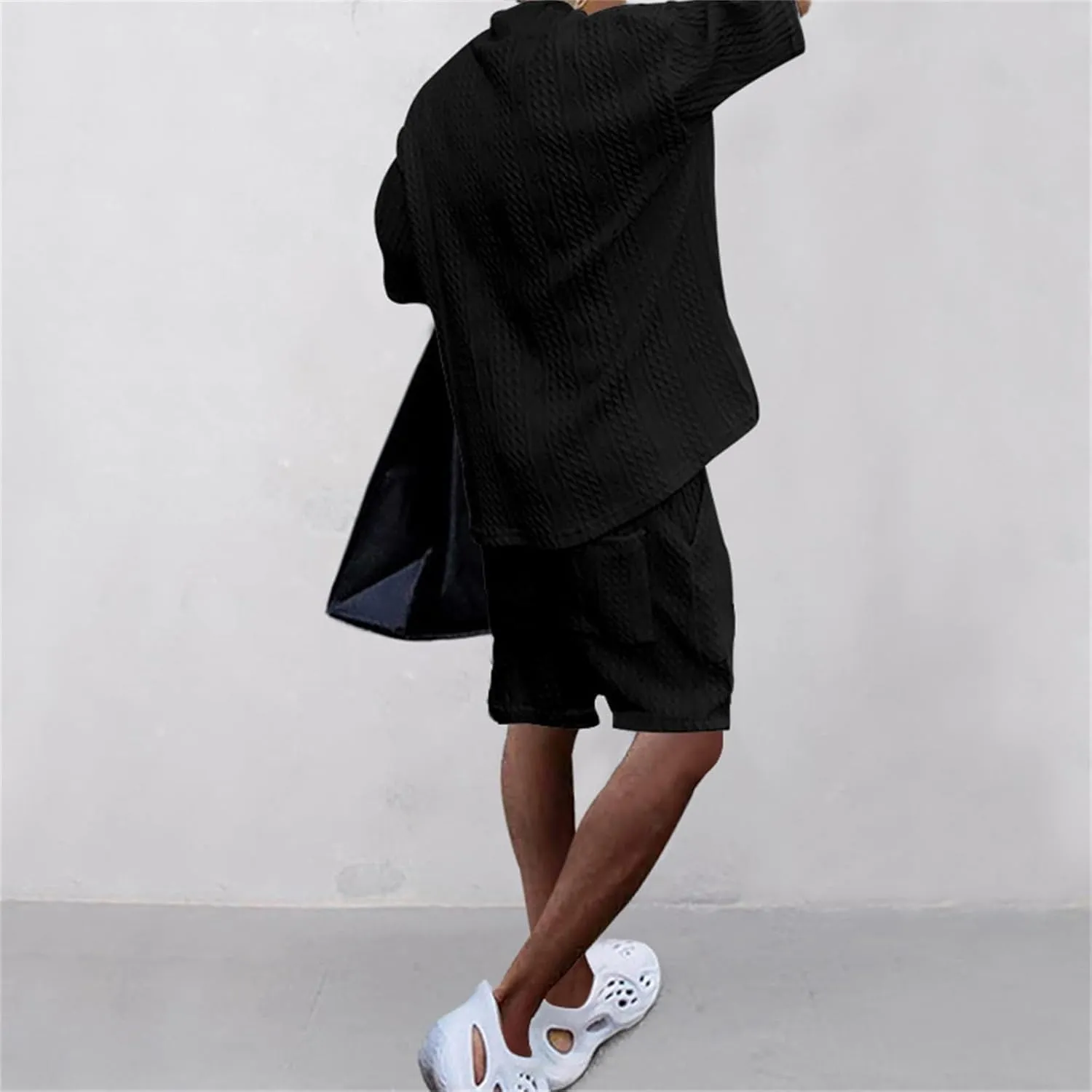Men's V-Neck 3/4 Sleeve top and Shorts Set Solid Color T-Shirt Knitted Loose Sweatshirt Jacquard Knitted Sweater