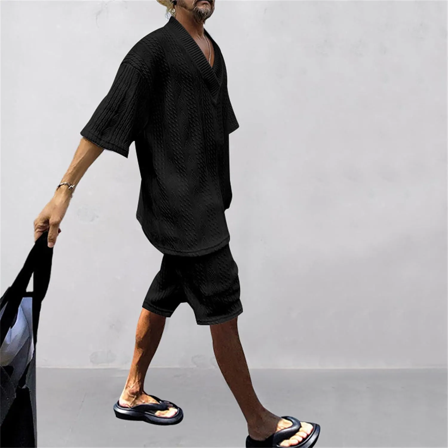 Men's V-Neck 3/4 Sleeve top and Shorts Set Solid Color T-Shirt Knitted Loose Sweatshirt Jacquard Knitted Sweater