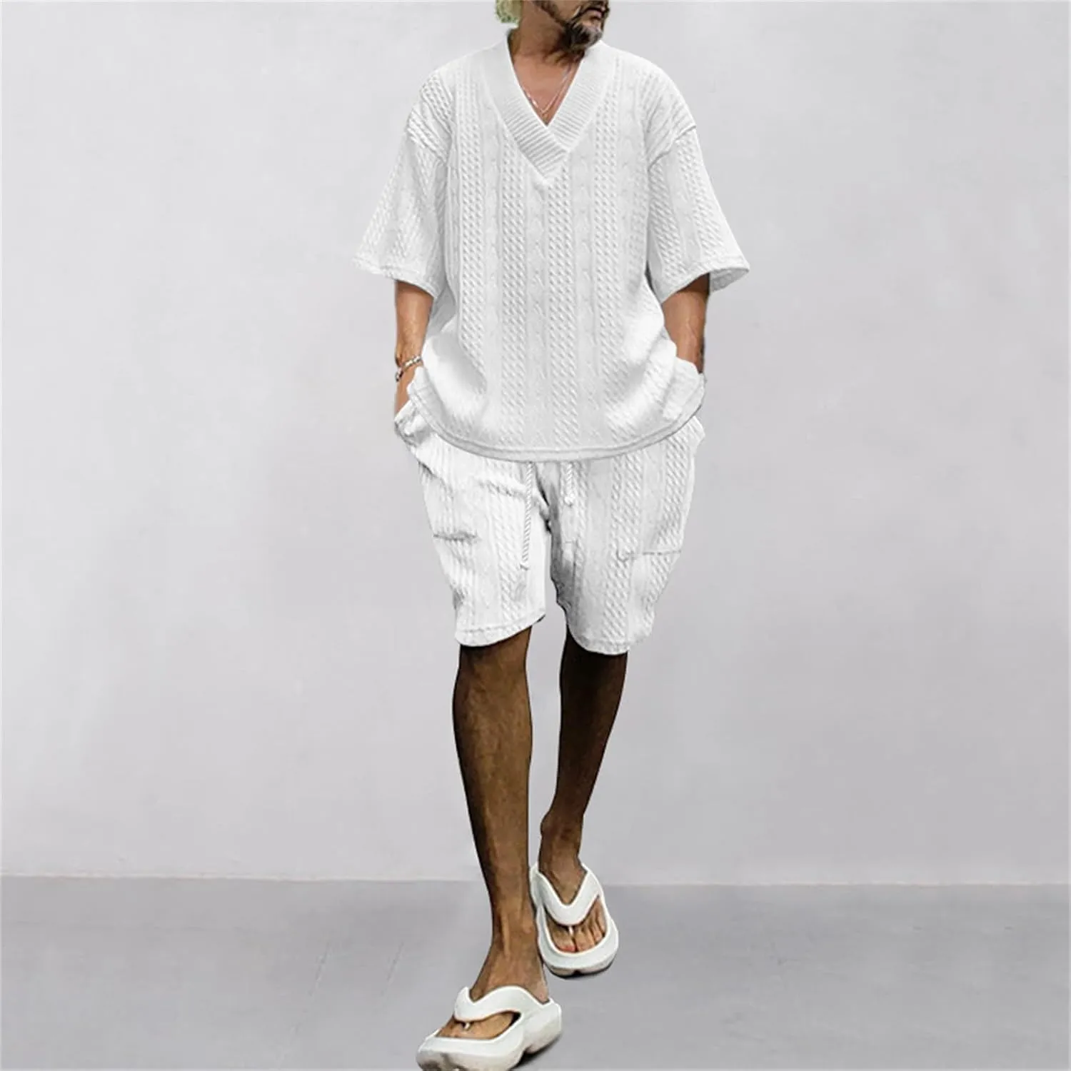 Men's V-Neck 3/4 Sleeve top and Shorts Set Solid Color T-Shirt Knitted Loose Sweatshirt Jacquard Knitted Sweater