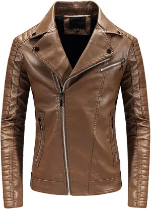 Men's Vintage Asymmetric Zip Lightweight Faux Leather Biker Jacket Long Sleeve Lapel Collar Motorcycle Racing Coats