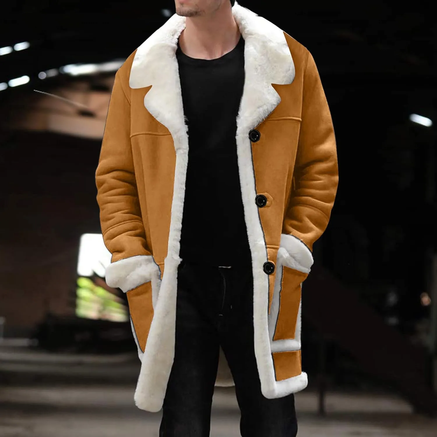 Mens Winter Suede Sherpa Lined Coat Fleece Sheepskin Jacket Pea Coat Faux Fur Collar Shearling Jacket Leather Coat
