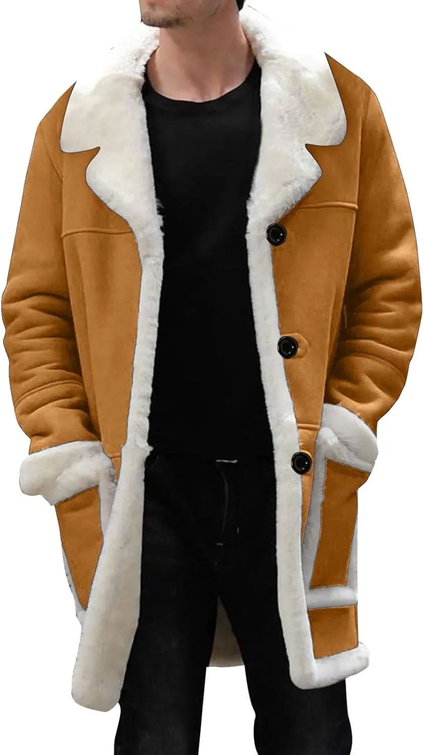 Mens Winter Suede Sherpa Lined Coat Fleece Sheepskin Jacket Pea Coat Faux Fur Collar Shearling Jacket Leather Coat