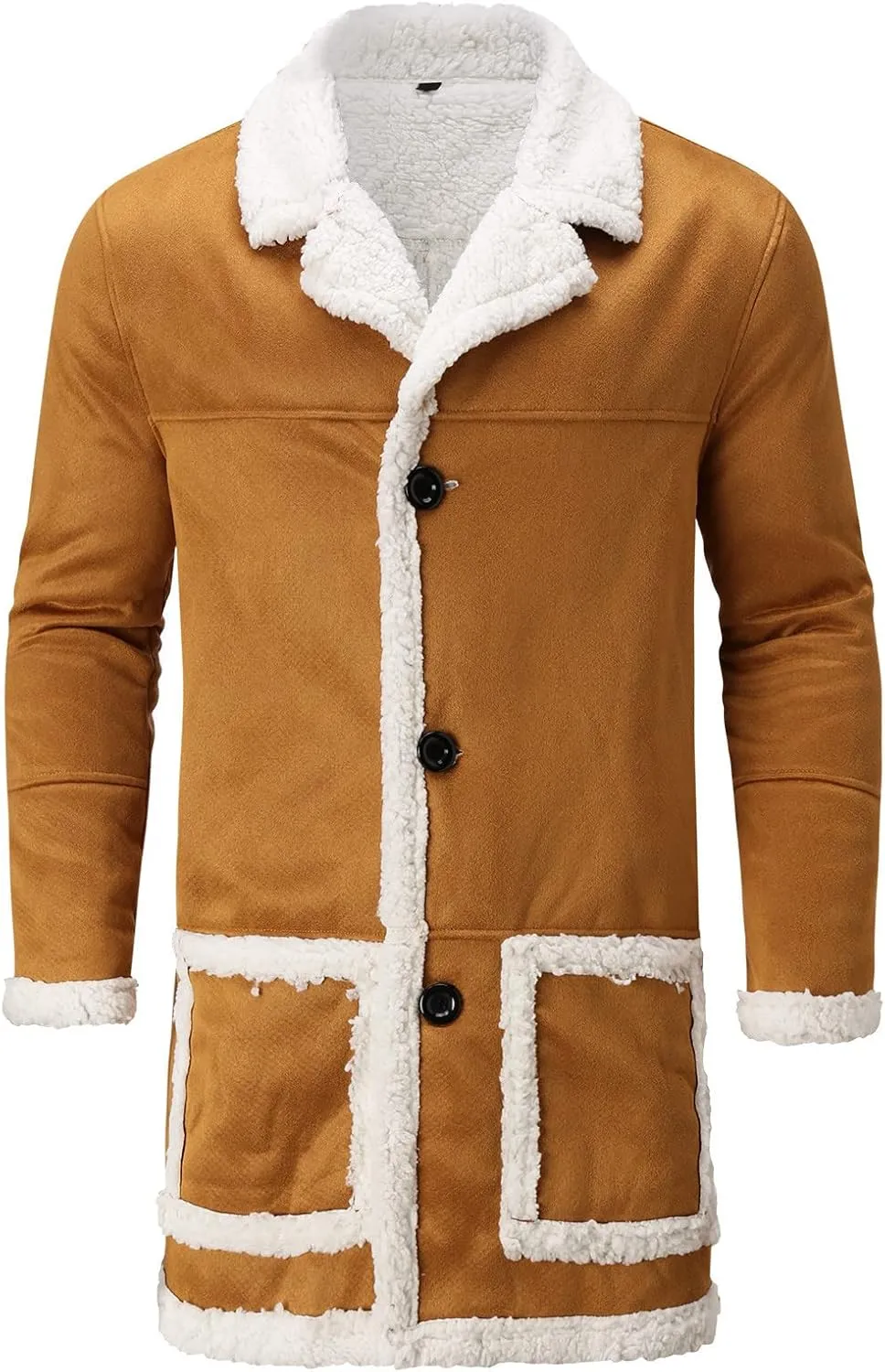 Mens Winter Suede Sherpa Lined Coat Fleece Sheepskin Jacket Pea Coat Faux Fur Collar Shearling Jacket Leather Coat