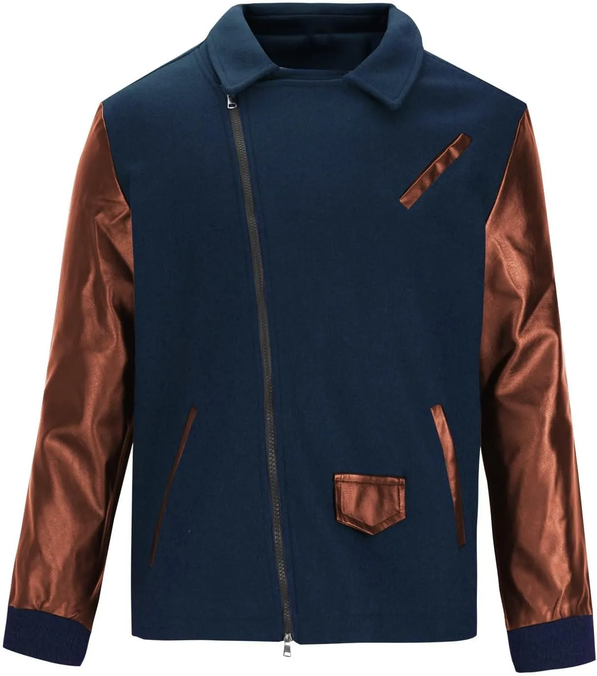 Mens Wool Blend Faux Suede Jacket Slim Fit Zip Up Casual PU Leather Patchwork Motorcycle Biker Coat for Fall Winter