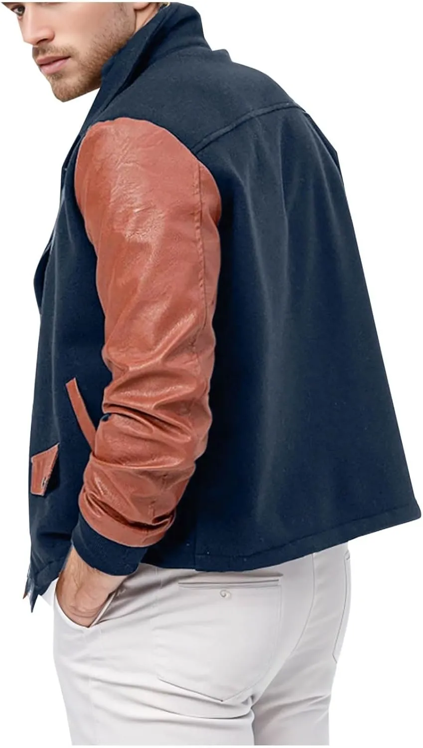 Mens Wool Blend Faux Suede Jacket Slim Fit Zip Up Casual PU Leather Patchwork Motorcycle Biker Coat for Fall Winter
