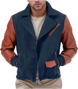 Mens Wool Blend Faux Suede Jacket Slim Fit Zip Up Casual PU Leather Patchwork Motorcycle Biker Coat for Fall Winter