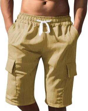 Mens Workout Shorts Elastic Waist Comfy Cargo Short Pants with Multiple Pockets Drawstring Flowy Casual Shorts
