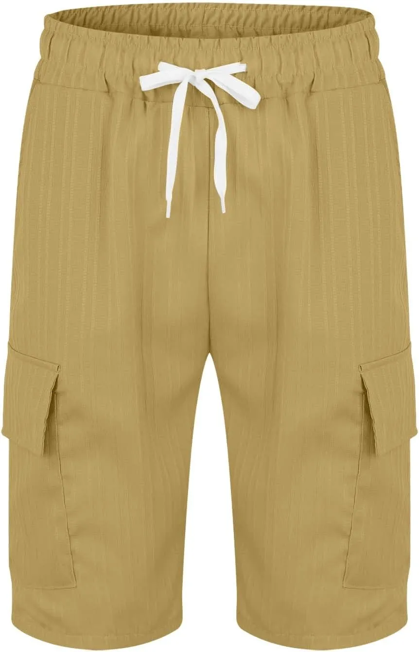 Mens Workout Shorts Elastic Waist Comfy Cargo Short Pants with Multiple Pockets Drawstring Flowy Casual Shorts
