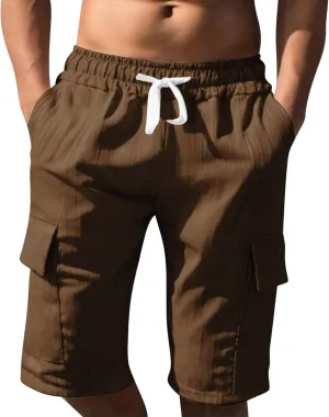 Mens Workout Shorts Elastic Waist Comfy Cargo Short Pants with Multiple Pockets Drawstring Flowy Casual Shorts