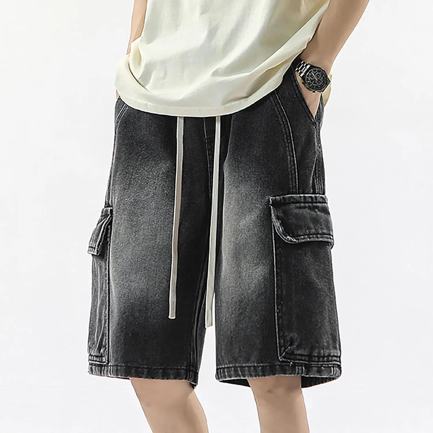 Mens Y2K Grunge Baggy Jean Shorts Wide Leg Hip Hop Skateboard Pants Loose Denim Shorts with Pockets Streetwear
