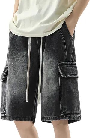Mens Y2K Grunge Baggy Jean Shorts Wide Leg Hip Hop Skateboard Pants Loose Denim Shorts with Pockets Streetwear