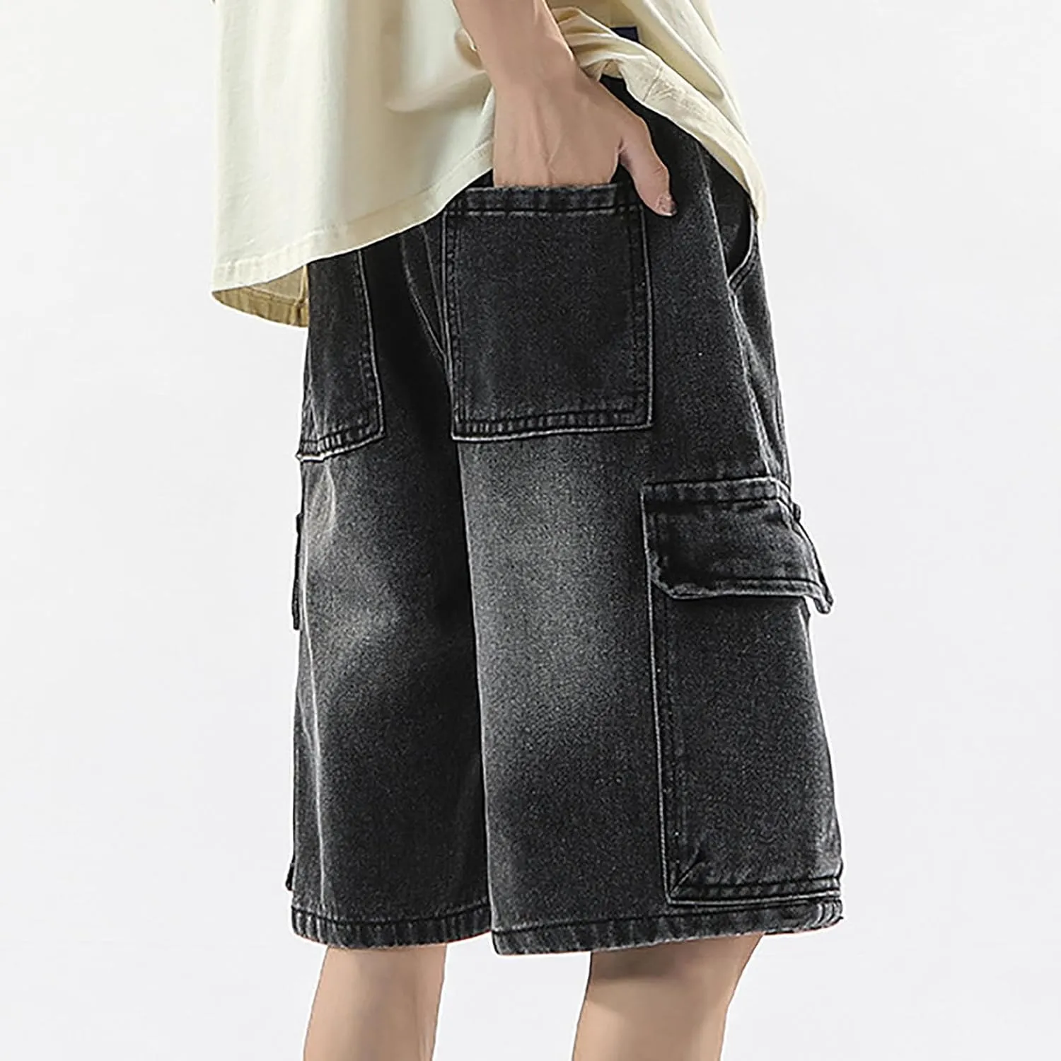 Mens Y2K Grunge Baggy Jean Shorts Wide Leg Hip Hop Skateboard Pants Loose Denim Shorts with Pockets Streetwear