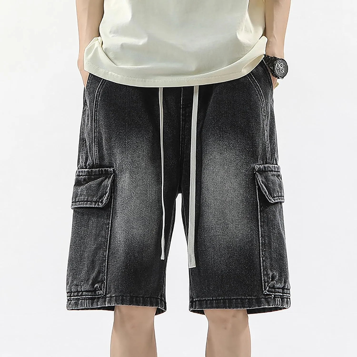 Mens Y2K Grunge Baggy Jean Shorts Wide Leg Hip Hop Skateboard Pants Loose Denim Shorts with Pockets Streetwear