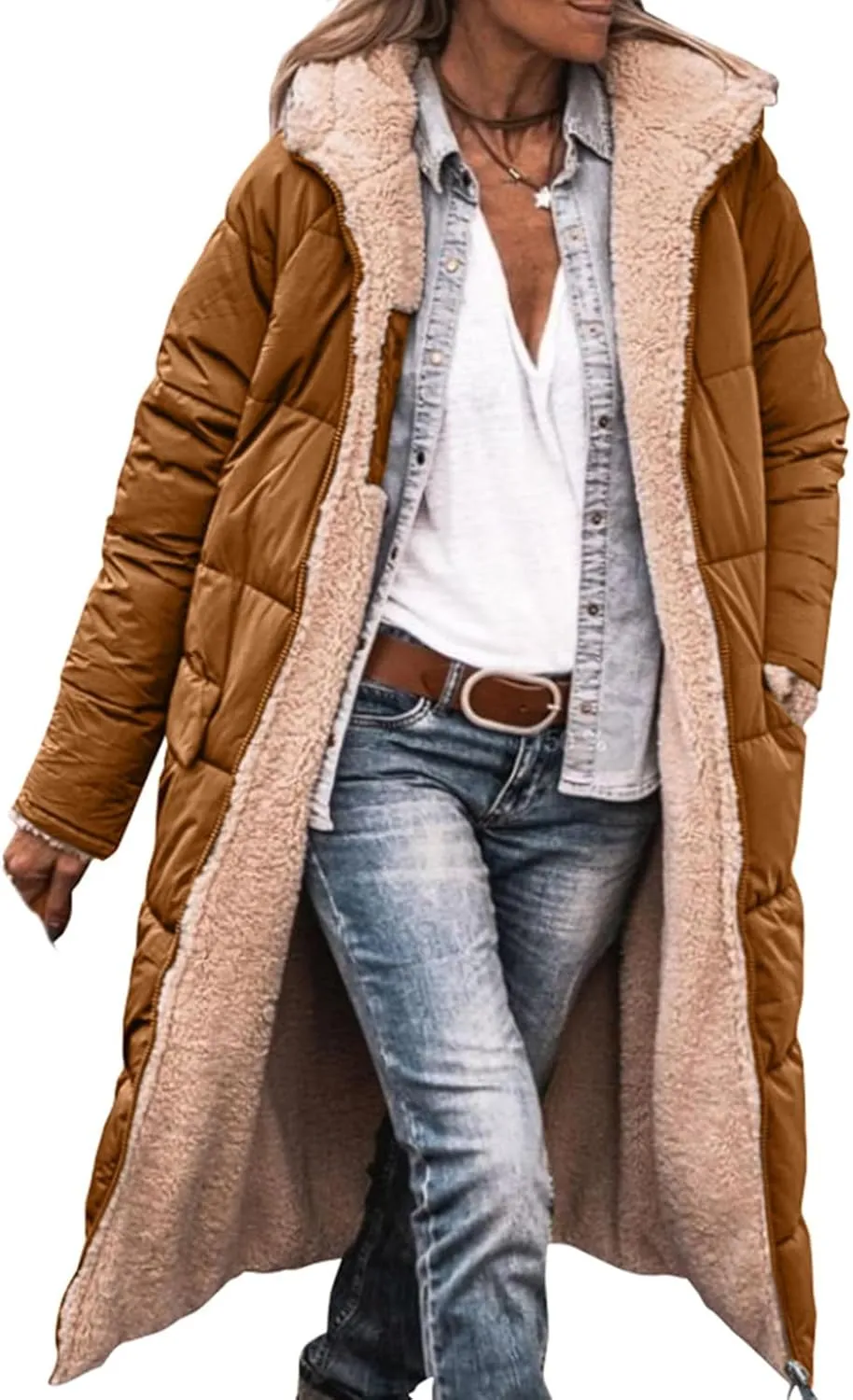 Mmoneyake Womens Reversible Sherpa Fleece Puffer Jackets Warm Winter Coats Zip Up Fall Long Hooded Outerwear Fashion Overcoat