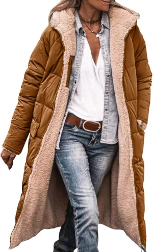 Mmoneyake Womens Reversible Sherpa Fleece Puffer Jackets Warm Winter Coats Zip Up Fall Long Hooded Outerwear Fashion Overcoat