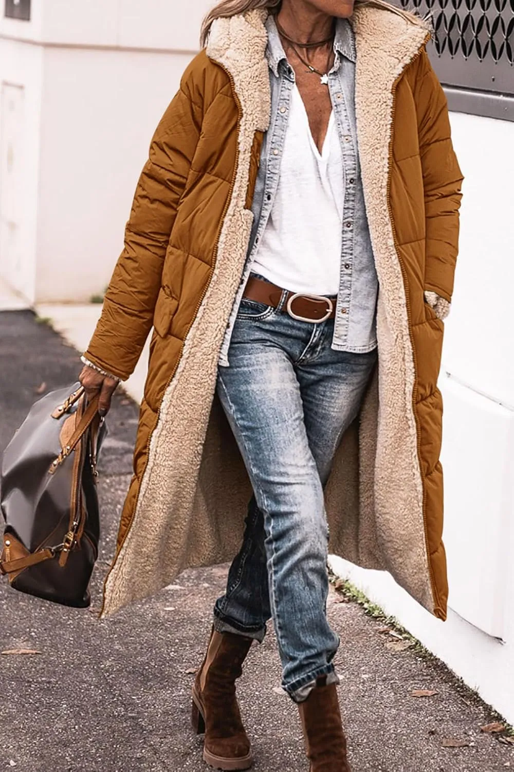 Mmoneyake Womens Reversible Sherpa Fleece Puffer Jackets Warm Winter Coats Zip Up Fall Long Hooded Outerwear Fashion Overcoat